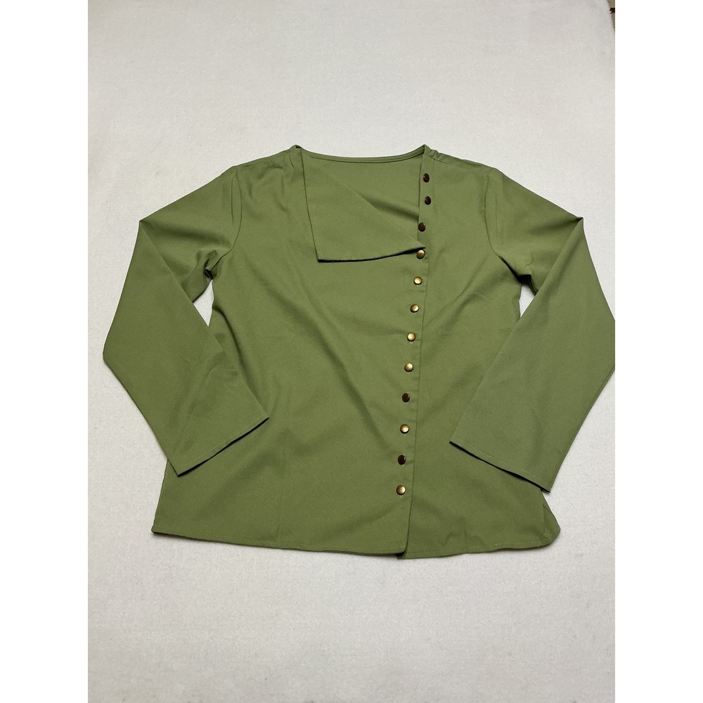 Womens Medium Olive Green Blouse Asymmetrical Neck Brass Stud Long Sleeve Top